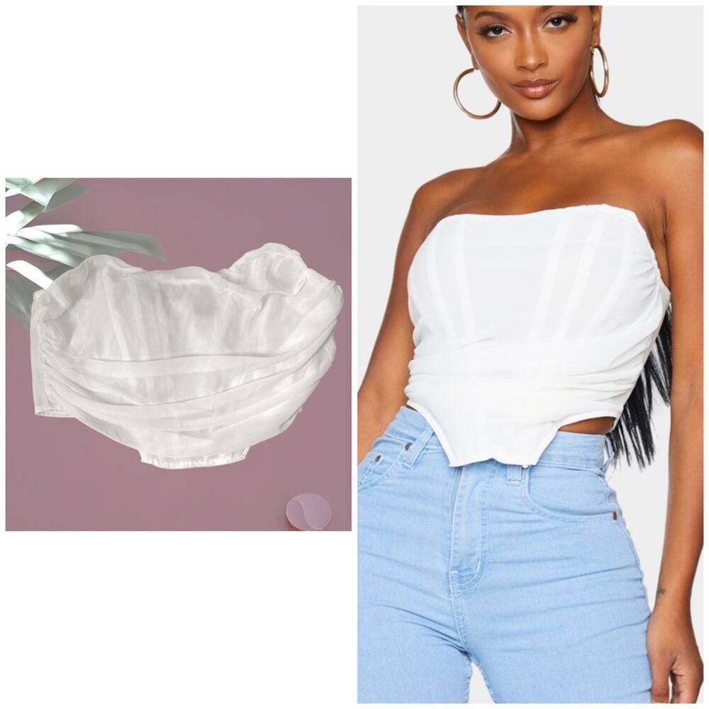 NEW PrettyLittleThing shape white chiffon ruched corset crop top size 14